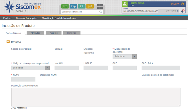 Tela de inclusão de produto no Portal Único Siscomex com campos de NCM e atributos para DUIMP
