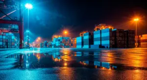 A imagem mostra um terminal portuário em operação noturna, com contêineres empilhados, guindastes iluminados e reflexos no piso molhado. O cenário reforça a intensidade da logística portuária, o ritmo contínuo das cadeias globais de suprimentos e a importância da eficiência no comércio exterior para garantir previsibilidade e competitividade nas operações.
