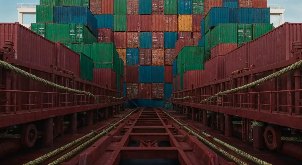 A imagem mostra o porão de um navio cargueiro carregado com contêineres coloridos, organizados em pilhas altas, reforçando a escala do transporte marítimo. A estrutura metálica e as amarrações destacam a complexidade da operação portuária, essencial para a logística internacional, a gestão de contêineres e o fluxo das cadeias globais de suprimentos no comércio exterior, representando DUIMP.
