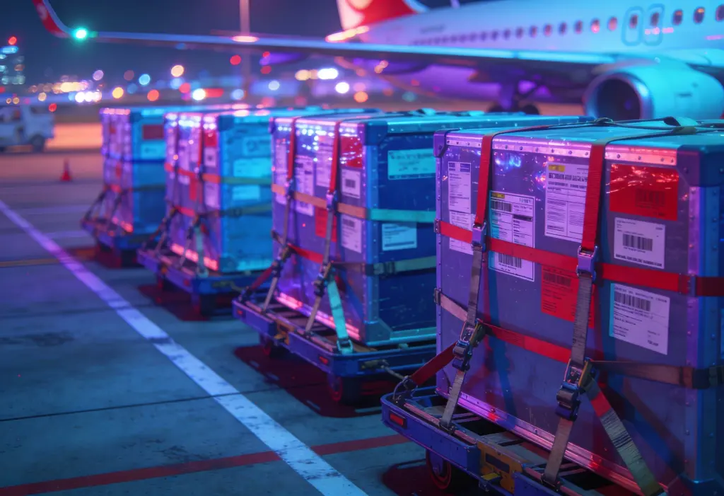 Carga aérea posicionada na pista, pronta para embarque, com volumes identificados por etiquetas e códigos de barras. A cena traduz o papel da rastreabilidade no modal aéreo: cada etiqueta é um evento que precisa ser capturado, integrado ao ETD e ao ETA e conectado ao planejamento de estoque e produção. Quando esses dados fluem em tempo real, a operação ganha previsibilidade, reduz risco de extravio e transforma urgência em vantagem competitiva, não em custo extra.