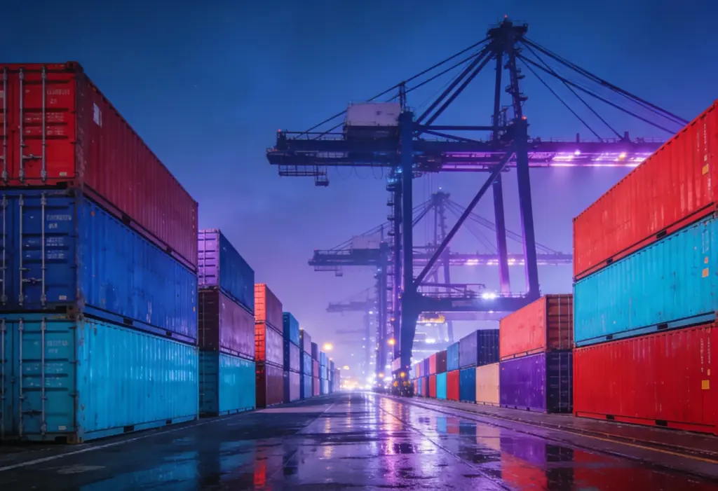 Containers coloridos empilhados em um terminal portuário à noite, com guindastes operando ao fundo, ilustrando a complexidade da cadeia logística internacional. Cada contêiner representa um embarque que precisa ser rastreado de ponta a ponta — do ETD ao ETA — para garantir previsibilidade, reduzir custos com demurrage e transformar rastreabilidade em vantagem competitiva no comércio exterior.