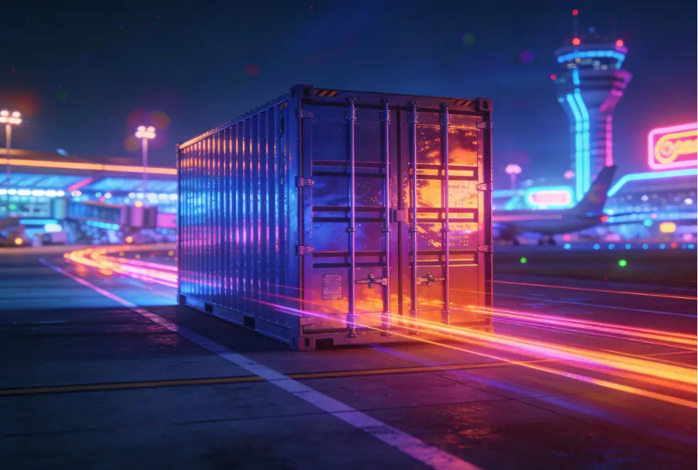 Contêiner em pátio aeroportuário com luzes de alta velocidade ao redor, simbolizando o comex pós-2025, com logística mais digital, rastreável e integrada.