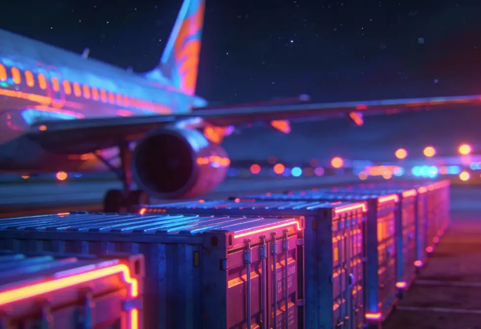 Avião e contêineres alinhados em pátio aeroportuário à noite, representando logística end-to-end e rastreabilidade de ponta a ponta.