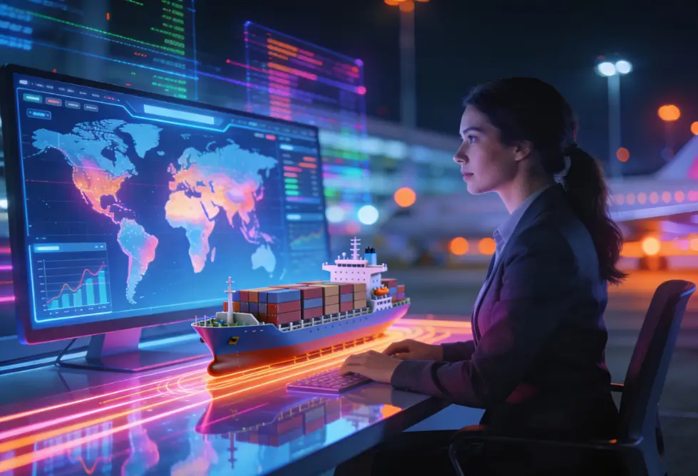 mulher olhando para tela de um computador com dados representando a integração entre comércio exterior e erp