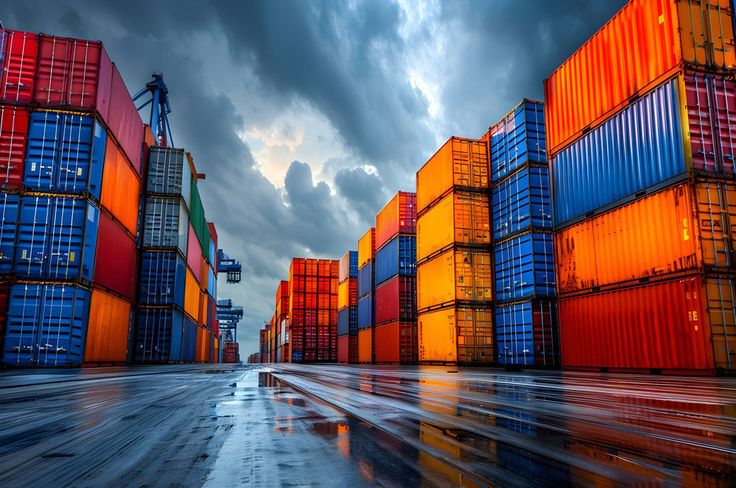 Pátio portuário com contêineres coloridos empilhados, representando o fluxo de importação e exportação na balança comercial brasileira.