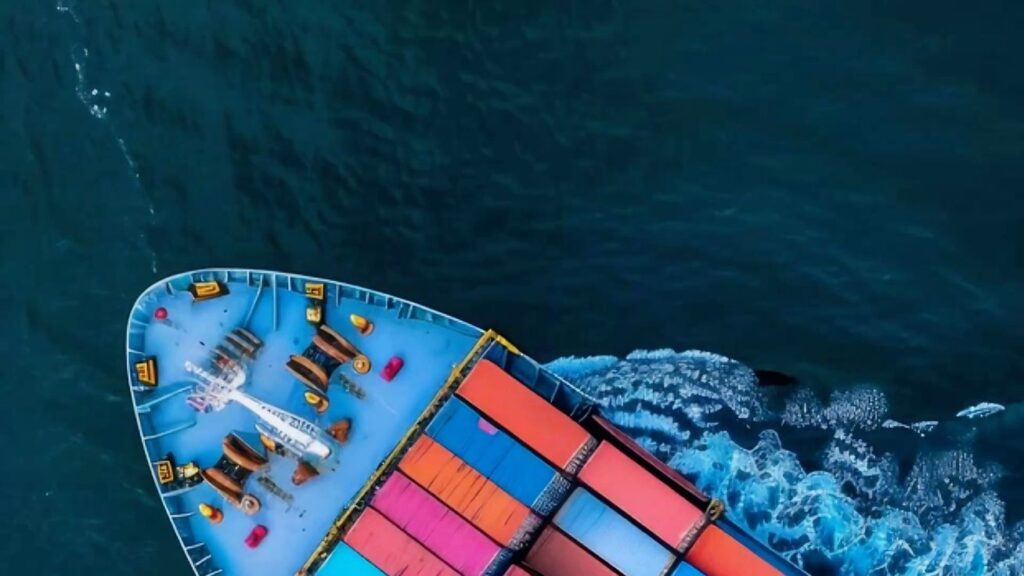 Navio porta-contêineres em navegação, representando o transporte marítimo e o fluxo de importação e exportação na balança comercial brasileira.