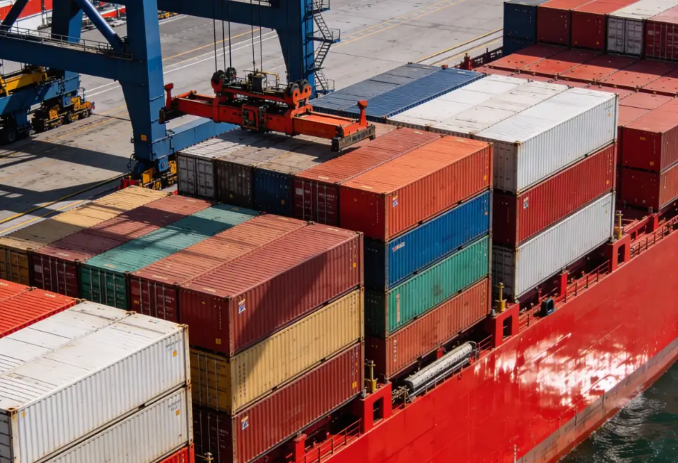 Navio porta-contêineres com contêineres organizados em operação portuária, representando compliance, controle logístico e prevenção de riscos no comércio exterior.