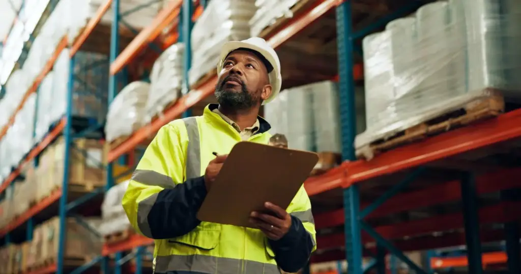 Profissional de logística realizando controle de estoque em armazém, etapa essencial da gestão de supply chain