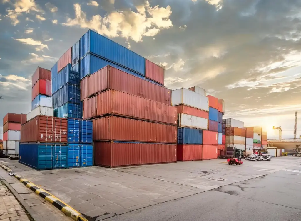 Pátio de contêineres empilhados em porto, representando a logística de importação de produtos químicos e os desafios operacionais no comércio exterior brasileiro.