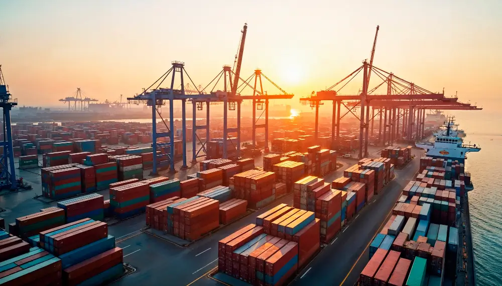 porto carregado de container representando a torre de controle no comex