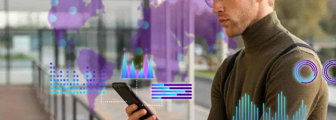 homem olhando o celular com um fundo do globo sinalizando a inteligência artificial no comex