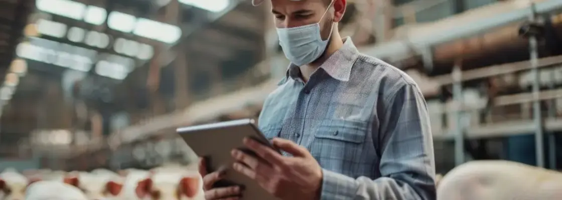 homem analisando dados no tablet em um açougue representando a exportação de carnes