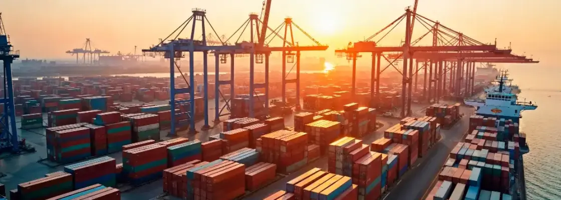 porto carregado de container representando a torre de controle no comex