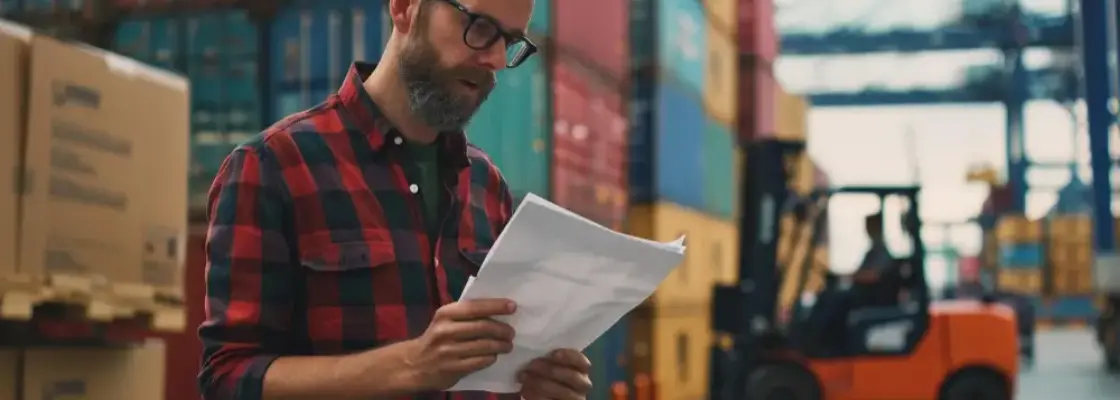 homem analisando papeis no ambiente cheio de containers representando o certificado oea