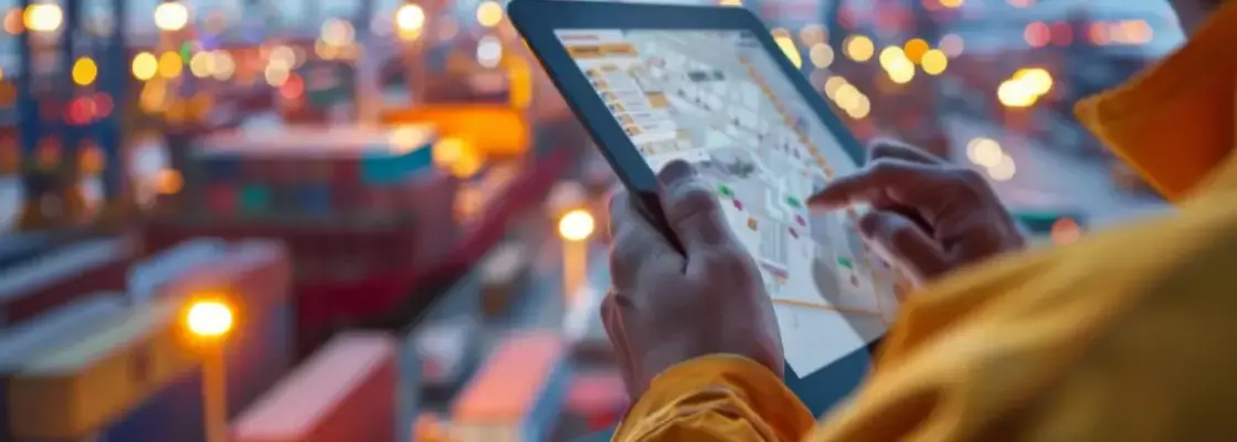 pessoa analisando em um tablet o rastreamento de contêiner de um porto