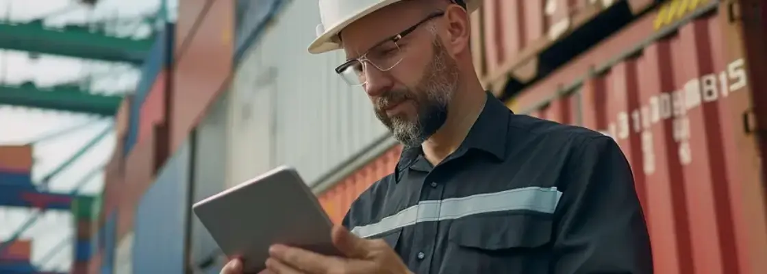 homem olhando o tablet em um portuario