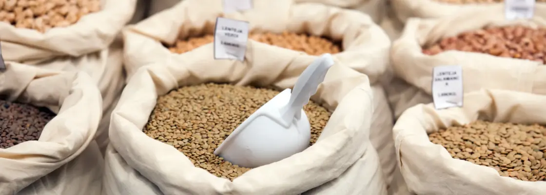 Various grains in bags at market